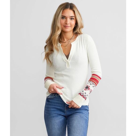 Free People Mikah Notch Neck Top Thermal Long Sleeve Cream Size Large - Picture 13 of 13
